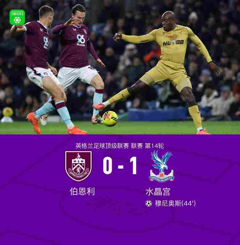 水晶宮客場(chǎng)1-0伯恩利，格伊助攻穆尼奧斯頭球制勝